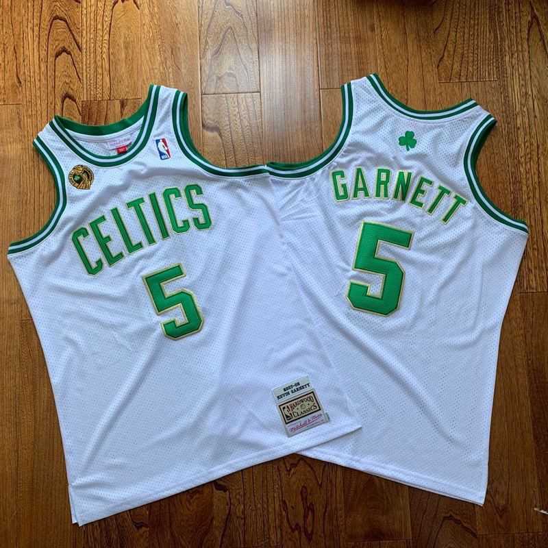 Men Boston Celtics 5 Garnett Top quality mesh embroidered 07-08 champion logo white NBA Jersey